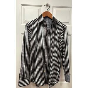 Bugatchi Uomo Black & White Striped Flip Cuff Button-Down Shirt, Size M
